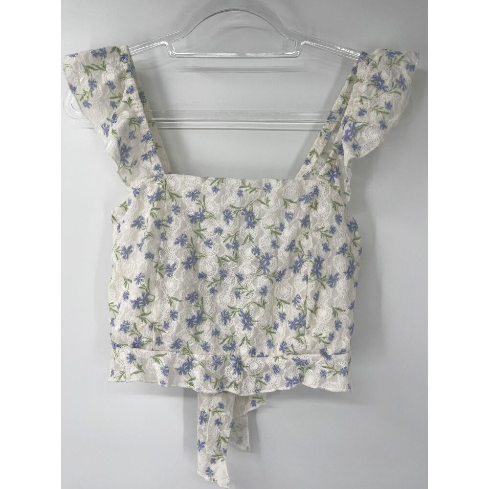 Kirious White Floral Lace Ruffle Strap Tie Back Cropped Tank Top Juniors XL NEW